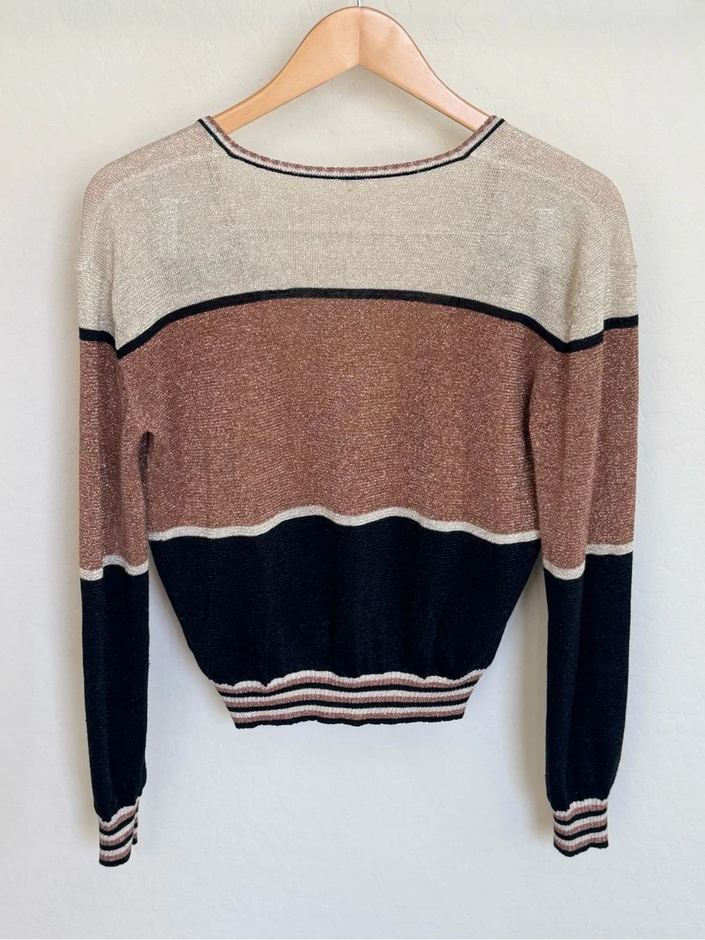 Free People Gold Dust Metallic Colorblock Deep V Pullover Sweater Size XS